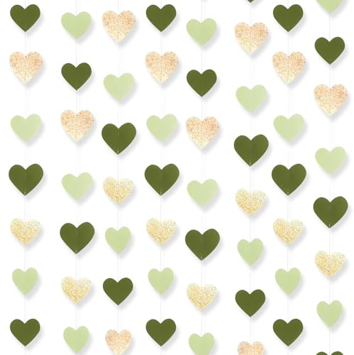 52FT Grün Gold Herz Girlande Glitzer Hochzeit Papier Banner Streamer 4 Stück Hängende Garland Luftschlangen für Verlobung Jahrestag Valentinstag Geburtstage Brautparty Dekoration