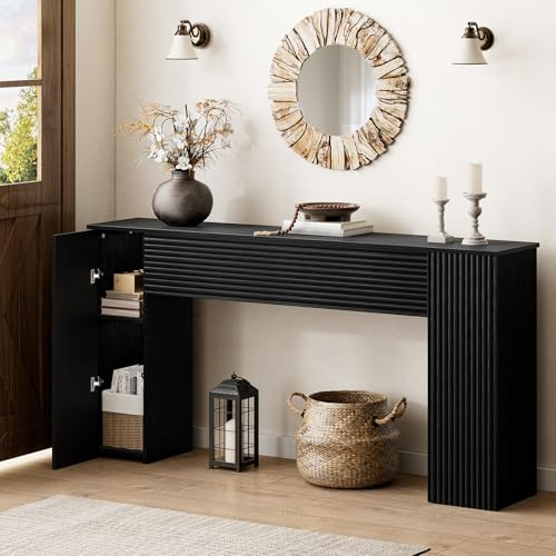 Mossora 61'' Fluted Long Console Table, Wooden Rectangular Sofa Table, Narrow Entryway Table with 2 Hidden Storage Cabinets for Entrance, Hallway, Living Room, Foyer, Black