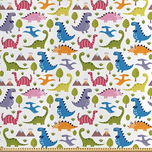 ABAKUHAUS Dino Satin Stoff als Meterware, Dinosaurier niedlich bunt, Qualitäts Stoff Heimtextilien Wohnaccessoires, 5M (148x500cm), Grün Rosa