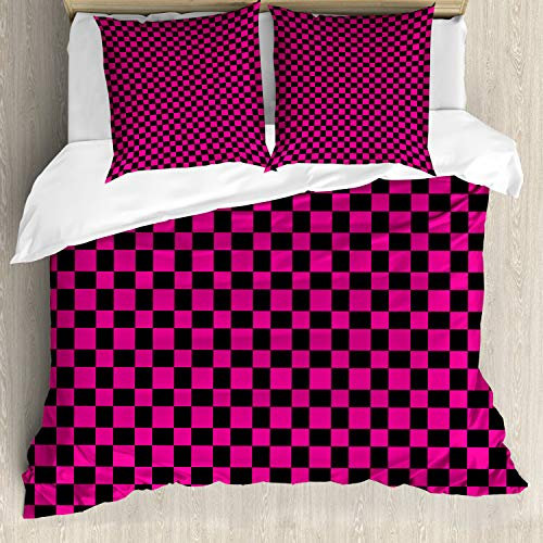 ABAKUHAUS Rose Vif Ensemble de Housse de Couette, Vichy Contrôles Vibrant, Décoratif, 3 Pièces avec 2 Taies d'oreiller, 200 cm x 200 cm - 80 x 80 cm, Magenta Noir