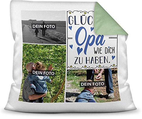 Print Royal Foto-Kissen inkl. Füllung zum Selbstgestalten - für Opa - mit eigener Collage und Spruch - Bestes Fotogeschenk/Geburtstagsgeschenk - Farbkissen Rückseite Seegrün