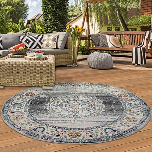 Teppich-Traum RUNDER orientalischer Vintage SCHLAFZIMMERTEPPICH für In- & Outdoor Balkon Blumenmotiv grau blau Größe 200 cm rund
