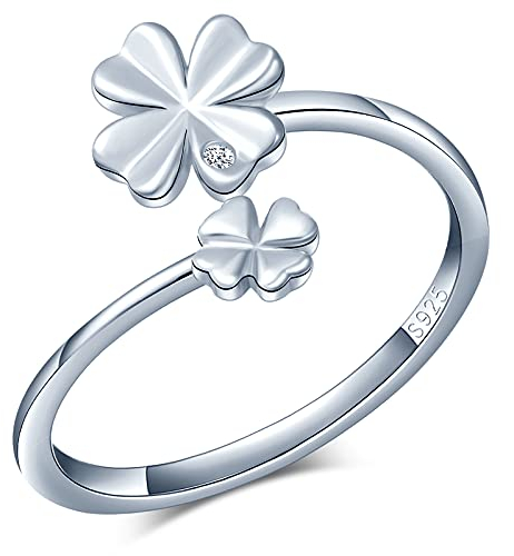 MicVivien Vierblättriges Kleeblatt Ring Verstellbar Offene Ringe Damen 925 Sterling Silber Glücksbringer Damenring Stapelbare Ringe Trauringe Eheringe Verlobungsring für Mädchen