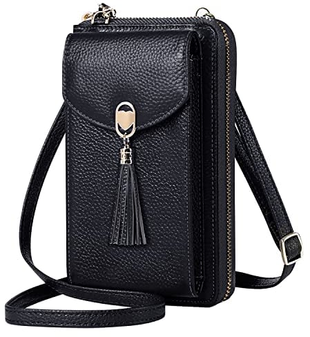 BTNEEU Crossbody Phone Bag Women RFID Blocking Genuine Leather Mobile Phone Bags with 12 Card Slots Multi Compartment Cell Phone Wallet with Zip Coin Pocket Small Shoulder Bag Purse Handbag (Black)