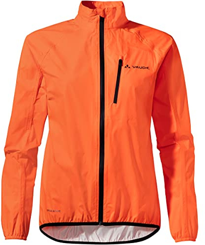 VAUDE Women‘s Drop Jacket III, leichte Regenjacke, atmungsaktiv & wasserdicht, zusammenrollbar, neon orange, 34