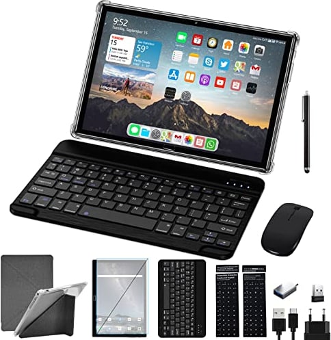 ZONKO Tablet 10 Zoll Android Tablett PC, 2 in 1 Telefon Tablet Okta Kern Prozessor, 1080P FHD 4GB+64GB Speicher 512GB TF 13MP Kamera 6000mAh mit hülle Tastatur Maus, Typ-c WiFi GPS (Schwarz)