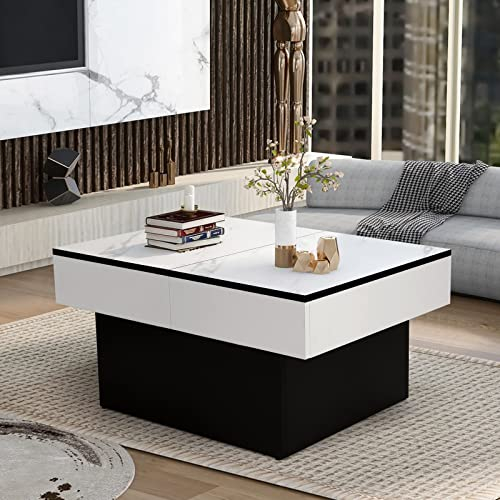 VOWNER Table Basse, Table Basse Moderne, Bureau Extensible, Table de Salon avec 2 Espaces de Rangement, Finition Haute Brillance, 114 x 58 x 40 cm(Texture Marbre Blanc)
