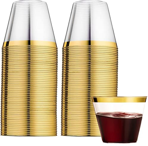 LATERN 60 Stück Plastikbecher mit Goldrand, 270ml Becher aus Kunststoff Wiederverwendbare Trinkbecher Elegante Party Weingläser für Champagner Bier Cocktail Martini Soda Dessert (8,9 x 7,1cm)