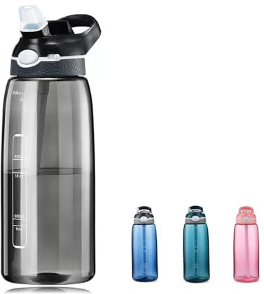 DEARART Bouteille d'eau noire de 1000ml avec paille, BPA libre 100% à l'épreuve des fuites, une seule main facile à transporter.