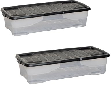 42L Under Bed Clear Stackable and Nestable Storage Boxes with Black Lid (2)