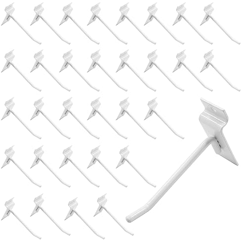 Waziaqoc 32 Stück 10,2 cm lange weiße Slatwall-Haken, Metall-Lamellen-Wand-Display-Panel-Haken, robuste Lamellenbrett-Zubehör, Stecktafel, Gitterwandhaken für Garage und Geschäft