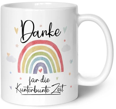 Bedruckte Tasse mit Spruch - Danke für die Kunterbunte Zeit - Geschenk für Erzieher Lehrer zum Kindergarten Abschied - Geschenk als Dankeschön - Farbe Regenbogen - Weiß