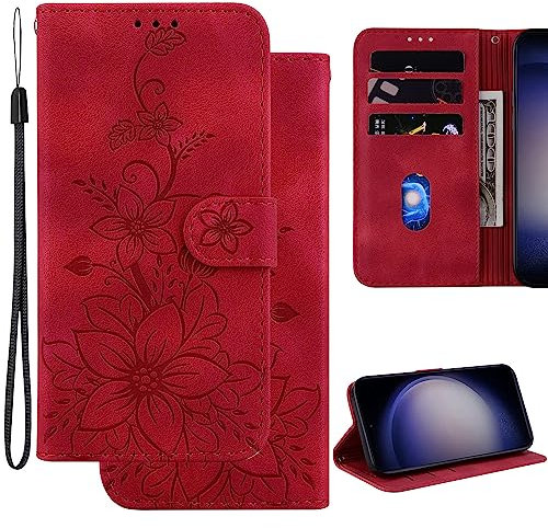 Ammeer Hülle für Google Pixel 4A 4G, Prägen Blume Muster Magnetische Flip Folio Cover PU Leder Schutzhülle Handy Tasche Brieftasche Wallet Case Ständer - Rot