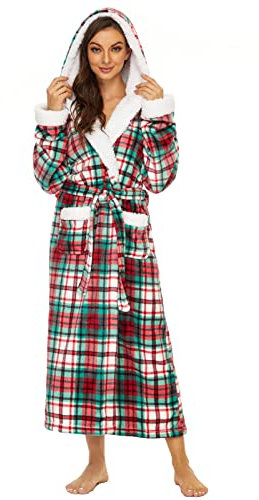 iniber Dressing Gown for Women, Soft Plush Fleece Hooded Bathrobe Plush Loungewear