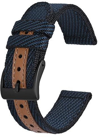BISONSTRAP Sportliche Nylon Uhrenarmband, Militär Uhrenarmbänder für Herren, 18mm, Blau mit Schwarze Schnalle