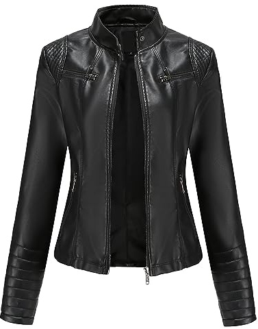 Veste Fine en Cuir Synthétique pour Femme - Col Montant - Légère de Transition avec Fermeture Éclair - Mode Cycliste - Courte