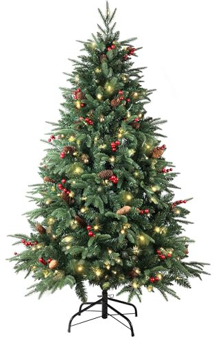 Pre-lit Christmas Tree 150cm/5ft,600 Branches Tips Artificial Pine Xmas Tree with 150 LED Lights & 40 Red Berry & 40 Pinecone Decoration for Indoor Outdoor