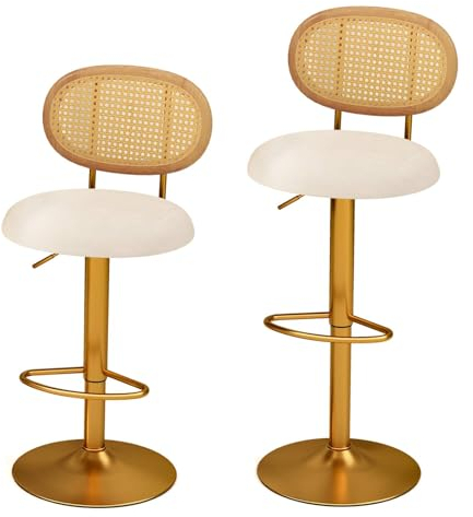 GiantexUK Bar Stools Set of 2, 360° Swivel Height Adjustable Kitchen Barstools with Rattan Back, Footrest, Gas Lift & Anti-Slip Ring, Velvet Upholstered Breakfast Bar Chairs for Dining Living Room