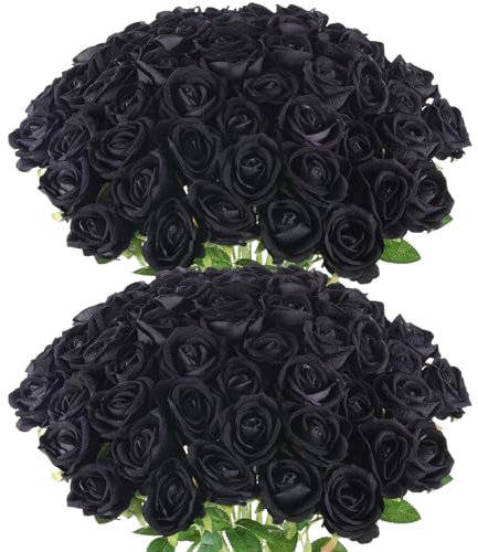 Hananona 50 Stück künstliche Rosen Bulk Blumen für Hochzeit Blumenarrangement, Seide Schwarz Rosenstrauß für Heimdekoration, Kunstrosen für Halloween-Partys und Hochzeitsdekoration (50, Schwarz)