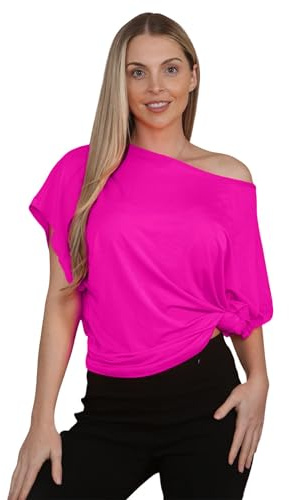 Hamishkane Ladies Tie Knot Oversized Top Short Sleeve Plain Off Shoulder Bardot T-Shirt Summer Party Tops Neon Pink