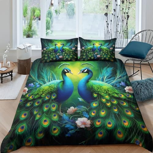 CRJUS Schöner Pfau Bettwäsche-Set 3D Print Musterdesign Mit Reißverschluss Bettbezüge, Tier Dreiteiliger Bettbezug Set Microfaser Bettbezüge Double(200x200cm)