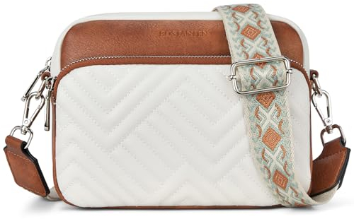 BOSTANTEN Umhängetasche Damen, Klein Handtasche Damen Umhängetasche Crossbody Bag mit Breitem Gurt Handytasche Zum Umhängen Frauen,Beige mit Braun