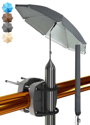 Menz Sonnenschirm Balkon als Sonnenschutz Balkon 3-IN-1 SET - UPF 50+ Sonnenschirm 180 cm in Anthrazit + Sonnenschirmhalter Balkongeländer + Sonnenschirmhülle für Balkon, Terrasse & Garten