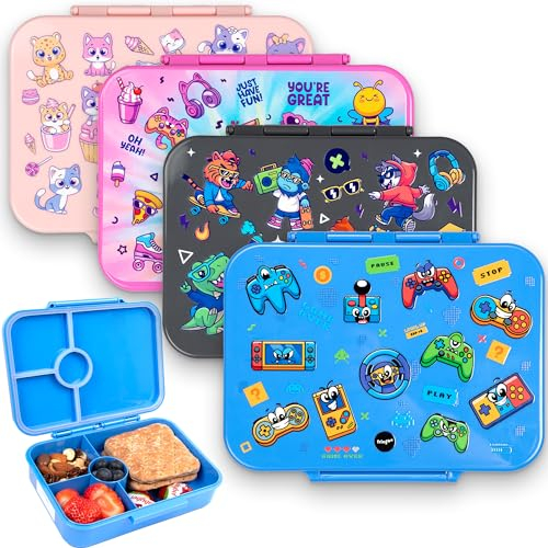 Fringoo - Bento Box - Lonchera a prueba de fugas, capacidad de 800 ml, 5 compartimentos, divisor ajustable, sin BPA, diseño de caras de juego azules