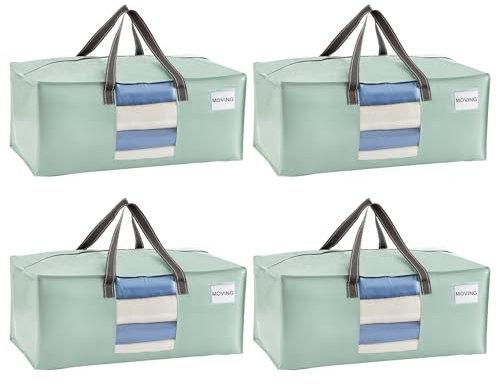 VENO 4 Pack Moving Bags Extra Large Storage Bags for College Move-In, Heavy-Duty Storage Totes, Packing Boxes, and Wardrobe Moving Supplies - Durable Laundry Bags for Clothes (Light Green, 4 Pack)