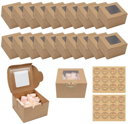 JOYSKY 10 Pcs Brown Cupcake Boxes Paper Cake Box Bakery Pastry Boxes with Windows and 12 Stickers Kraft Candy Boxes for Cupcakes Desserts Pastries Cookies Small Cakes Candy Pies & Gifts