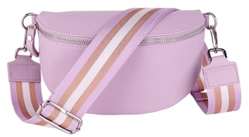 MIRROSI® Bauchtasche Damen, Echtleder, Made in Italy, Umhängetasche, Brusttasche, Crossbody Bag (1 Tasche & 2 Gurte) (Flieder (Glitzer Flieder), Kleine Tasche (22x13x6cm))
