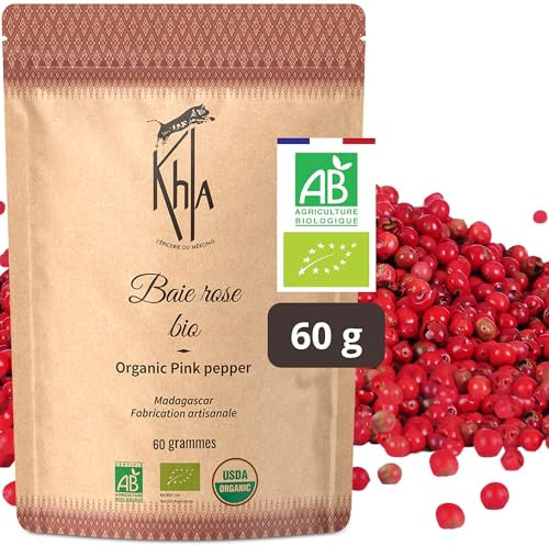 Khla - Baies Roses de Madagascar 60 g - Certifiées Bio - Baies Entières - Qualité Premium - Poivre Rose Bourbon Madagascar - Saveur Douce et Fruitée - Épice Direct Producteur - Origine Madagascar