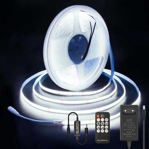 ALITOVE 10M COB LED Streifen 24V Kaltweiß 6000K Dimmbar 320LEDs/M Selbstklebende LED-Leuchtstreifen mit RF Fernbedienung und Netzteil für Wohnzimmer Unterschrank Beleuchtung Küche Innendekoration