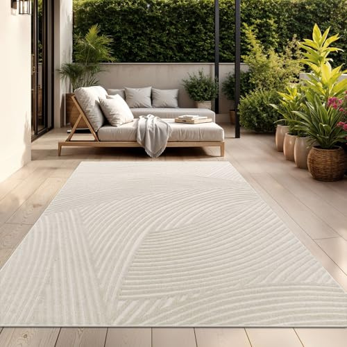 TT Home In-& Outdoorteppich Wetterfest Balkon Schlafzimmer Boho Skandi Motiv Unifarben Geometrische Optik Moderner Style, Farbe:Hellbeige Creme, Größe:160x230 cm