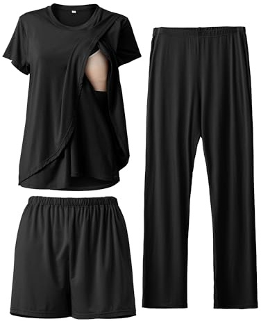 SUNNYBUY 3-teiliges Stillpyjama Set für Schwangerschaft & Stillzeit | Diskretes Stillen, Still-Top, Shorts & Hose, Verstellbarer Bund, Weich & Atmungsaktiv, Alltag & Zuhause