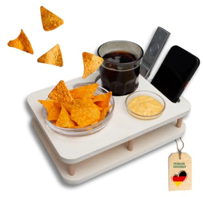 All IN ONE Couchbar in Weiß mit 2 Glasschalen | Couchbar Snackbox | Snackbar für die Couch | Couch Tablett mit Getränkehalter | Sofabar | Couch Butler für Kaffeetasse