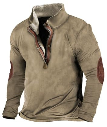 DMOYALA Felpe da uomo in pile western, stile vintage, con cerniera a un quarto, stile western, casual, a maniche lunghe, stile country, Stile A-western Khaki(1), X-Large