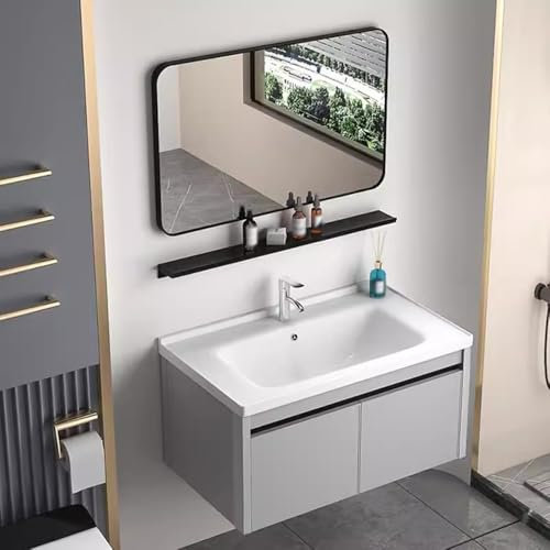 Badezimmer-Waschtisch-Set mit Waschbecken, schwimmendem Design, Spiegel, Heiß- und Kaltwasserhahn, wandmontierter Aufbewahrungsschrank – stilvolle Badezimmer-Dekoration mit Sicherheitsüberlauf und