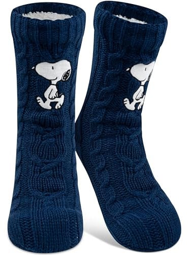 United Labels The Peanuts Snoopy Hüttensocken - Strick Haussocken mit Sherpa Futter für Damen Kuschelsocken Flauschige Wintersocken warme Frauen Socken OneSize Blau