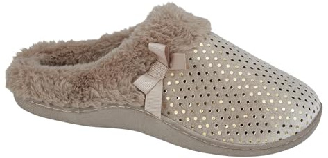 A2Z Womens Slippers Warm Cozy Ladies Fur Lined Mule Foil Bow - SLPR LDS Precious Caramel 7 UK