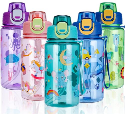 SENBSLAN Kids Water bottles with Removable Straw,600ml Toddler Drinks Bottle for School,Leakproof Children's Bottle BPA free Sport Bottles for Girls Boys School (Light Green-Elephant)
