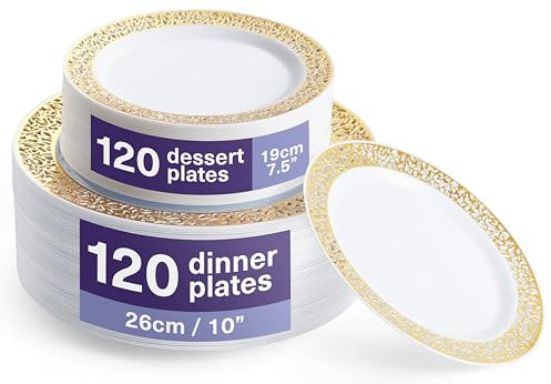MATANA 240 Premium Weiße Plastikteller mit Goldrand, 2 Größen - Mehrweg Kunststoffteller, Partyteller für Hochzeiten, Geburtstage, Partys - Elegantes & Stabiles Partygeschirr
