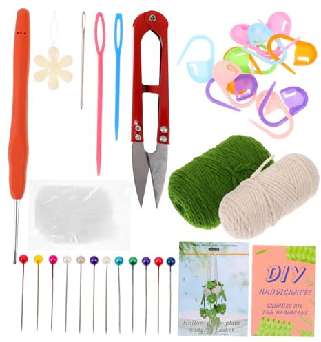 DIYEAH 1 Set Woven Hollow Hanging Basket Crochet Plants DIY Material Kit Knitting Craft Project Beginner Knitting Kit for Adults Plant Pot Decor Crafts Learn to Crochet Kit Green Yarn
