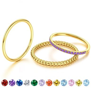 JeryWe Bague Pierre de Naissance - Bagues Fines Empilables en Or pour Femmes, Plaquées Or 14K, Anti-Ternissure, avec CZ, Alliances Dorées et Bagues de Fiançailles ÉtanchesFévrier violet 54