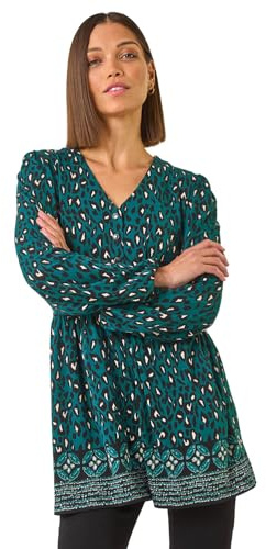 Roman Originals Smock Tunic Top for Women UK - Ladies Everyday Autumn Winter V-Neckline Comfy Soft Evening Vacation Work Party Night Out - Teal Multi - Size 10