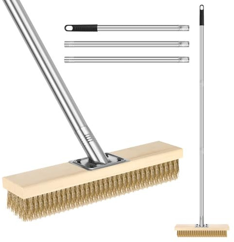 110CM Stainless Steel Wire Broom with Long Handle, Stiff Metal Bristle Broom Heavy Duty Deck Scrub Brush for Cleaning Moss Tough Stains on Roof Patio Floor Garden Garage Concrete, 30cm