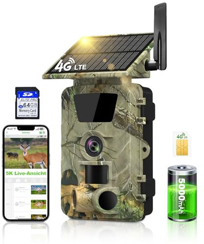 Lutranstra 2 Wildkamera, 4G LTE Wildkamera mit SIM Karte Solar, 5K/60MP Video Wildtierkamera mit Handyübertragung APP, Live Übertragung, 5000mAh Akku, Bewegungssensort, Nachtsicht, 0,1s Auslösezeit