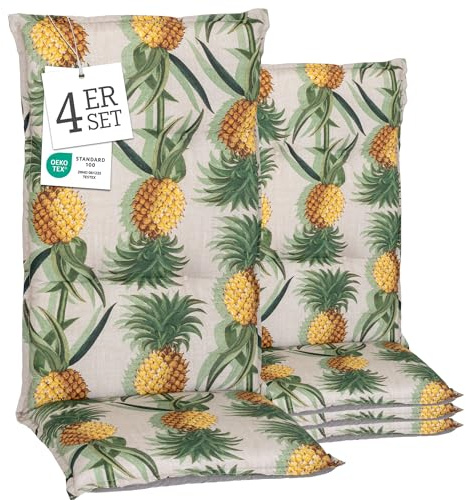 Beo® Turin Hochlehner Gartenstuhl-Auflagen 4er Set | Waschbar bei 30 Grad | Atmungsaktiv & UV-beständig | Made in EU | Öko-Tex Standard | Ananas Motiv | Extra Dicke Sitzkissen Outdoor
