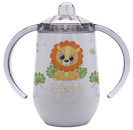 Marquage Unique Tasse d'Apprentissage pour Bébé avec Double Poignée, Motif Lion Jungle, Gobelet Personnalisable avec Bec, Gourde isotherme personnalisée