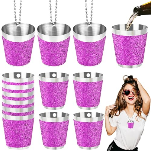 Begpoee 12 Stück Schnapsglas Edelstahl 30ml, Shot Becher Metall zum Umhängen, Schnapsbecher mit Kette, Für Hochzeitsfeiern Karneval Geburtstagsfeier Bachelorette Party(4,2 x 3,7 cm, Lila + Silber)
